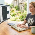 une femme avec un t shirt Wordpress devant son pc