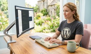 une femme avec un t shirt WordPress devant son pc